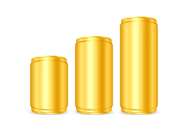 Oro Enlatado Latas Hierro Dorado Conjunto Latas Cerveza Oro Metálico — Vector de stock