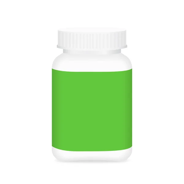 Λευκό Μπουκάλι Φάρμακο Και Πράσινη Ετικέτα Φιάλη Πλαστική Λευκή Συσκευασία — Διανυσματικό Αρχείο