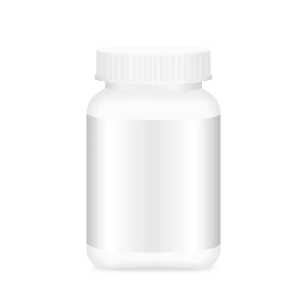 Botella Medicina Blanca Etiqueta Plata Botella Plástico Embalaje Blanco Solo — Vector de stock
