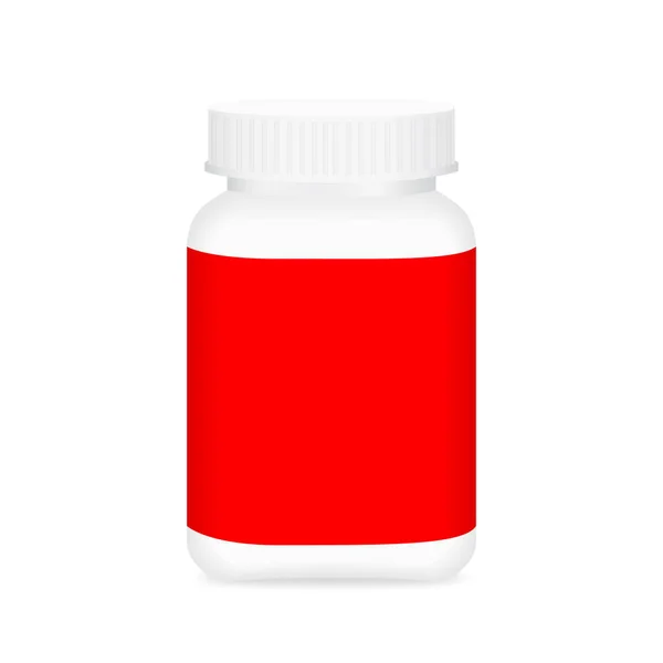 Vit Medicinflaska Och Röd Etikett Flaska Plast Vit Förpackning Enda — Stock vektor