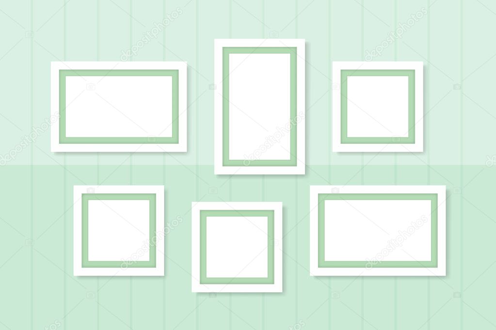 picture frames white template on wall green pastel, frame cute for family love picture, set of vintage frames picture chic luxury on pastel green wall, picture frames for photo art gallery