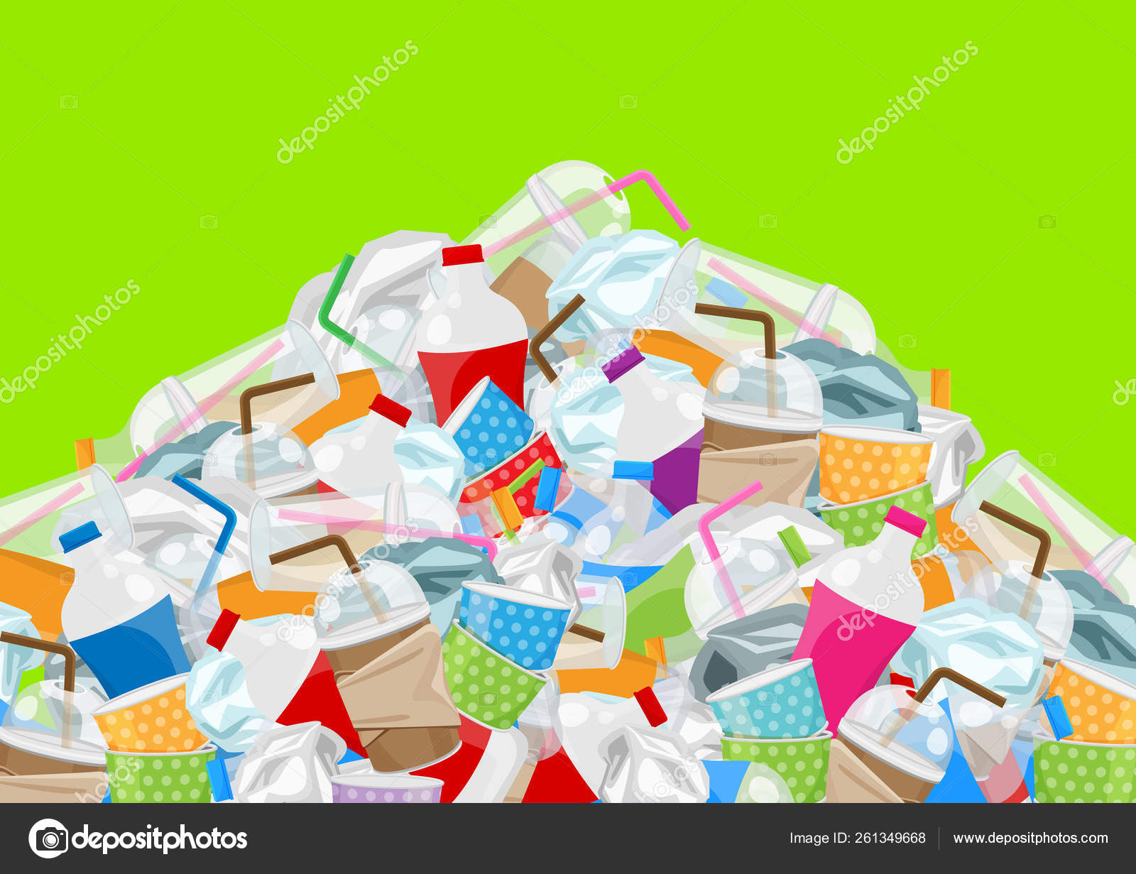 Illustration pile of garbage waste plastic and paper in mountain shape isolated on green screen, bottles plastic garbage waste many, stack of plastic bottle paper cup waste dump, pollution garbage Stock Vector Illustration pile of garbage waste plastic and paper in mountain shape isolated on green screen, bottles plastic garbage waste many, stack of plastic bottle paper cup waste dump, pollution garbage Stock Vector