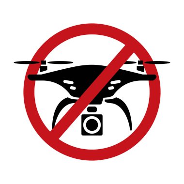 Beyaz arka planda izole edilmiş drone bölgesi Uyarı işareti simgesi yok, Drone ile uçuşlar yasak, Beyaz arka planda Yasaklama kırmızı işaret etiketinde drone simgesi yok