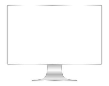 düz monitör beyaz ekran bilgisayar ön, pc ekran dijital geniş ekran ve ince, monitör modern lcd simgesi, sembol 3d modern ekran, tam ekran masaüstü boş izole beyaz arka plan kadar mock