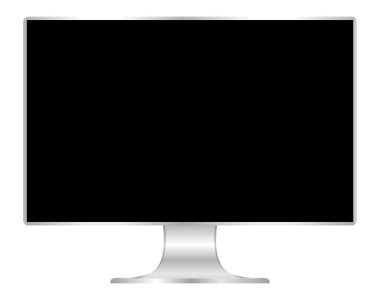 düz monitör siyah ekran bilgisayar ön, pc ekran dijital geniş ekran ve ince, monitör modern lcd simgesi, sembol 3d modern ekran, tam ekran masaüstü boş izole beyaz arka plan kadar mock
