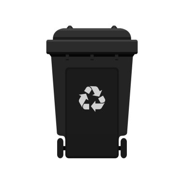 Çöp kutusu, beyaz arka plan üzerinde izole atık için plastik siyah tekerlekli bin geri dönüşüm, geri dönüşüm atık sembolü ile siyah bin, çöp atıkları için geri dönüşüm tekerlekli bin siyah renk ön görünümü