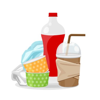 beyaz arka plan, plastik şişe çöp atıkları, plastik atık cam ve kağıt bardak çöp, çöp kirliliği için illüstrasyon izole plastik atık dökümü yığını