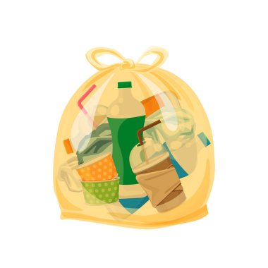 atık ayırma izole beyaz kare arka plan için şeffaf plastik torbalarda paketlenmiş plastik atık, atık için İllüstrasyon plastik çöp torbası, grafik için küçük resim plastik torba şeffaf düz