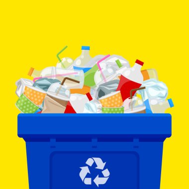 plastik çöp atıkları izole sarı kare arka plan ile dolu mavi bin, çöp kutusu üzerinde plastik atık dökümü, geri dönüşüm koruma çevre, kirlilik çöp için çöp çöp çöp ü