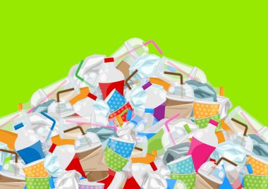 illustration pile of garbage waste plastic and paper in mountain shape isolated on green screen, bottles plastic garbage waste many, stack of plastic bottle paper cup waste dump, pollution garbage clipart