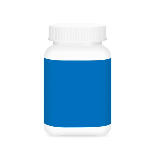 Witte Medicijnfles Blauw Etiket Fles Plastic Witte Verpakking Enkele Blanco — Stockvector