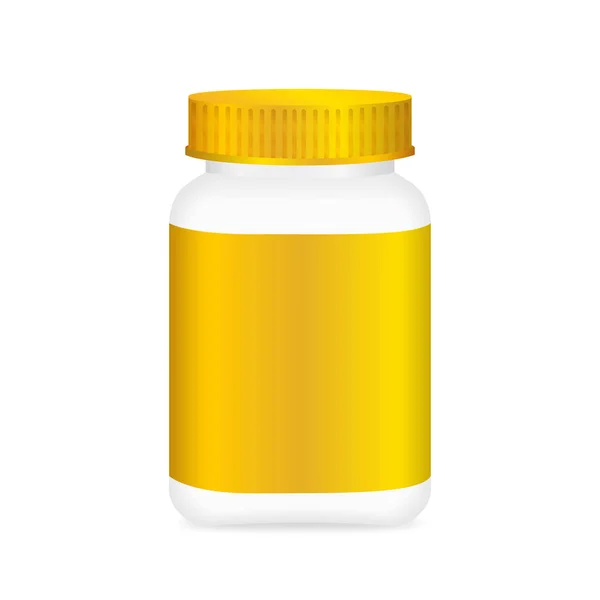 白色药瓶和黄金标签 瓶装塑料白色包装单一空白模板设计白色背景 包装瓶装药丸 维生素 补充剂 — 图库矢量图片