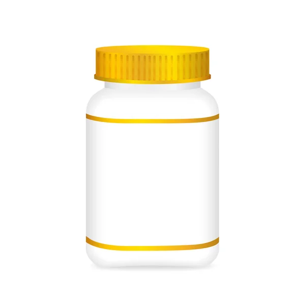 白药瓶和白金标签 瓶装塑料白色包装单一空白模板设计白色背景 包装瓶装药丸 维生素 补充剂 — 图库矢量图片