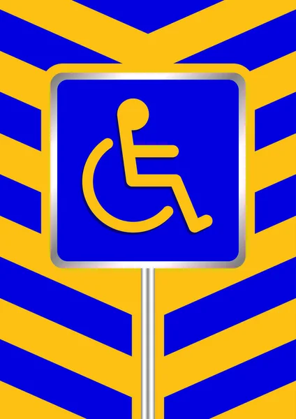 残障标志蓝色蓝色蓝色蓝色蓝色在蓝色和黄色条纹框架背景 标志板的残疾斜坡路径阶梯方式标志徽章为残疾人 残疾人符号标志黄色条纹板模板 — 图库矢量图片