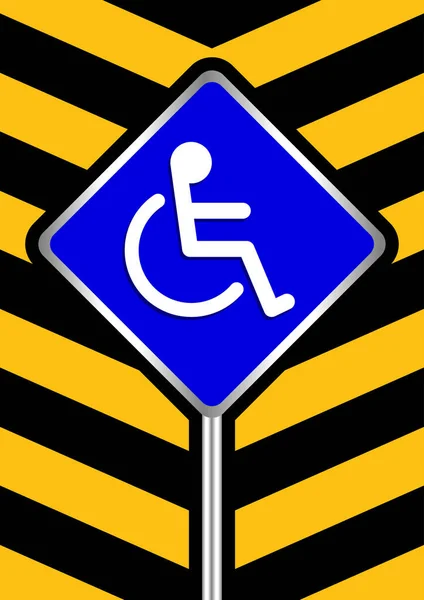 残障标志蓝色在黑色和黄色条纹框架背景 标志板的残疾斜坡路径阶梯方式标志徽章为残疾人 残疾人符号标志黄色条纹板模板 — 图库矢量图片