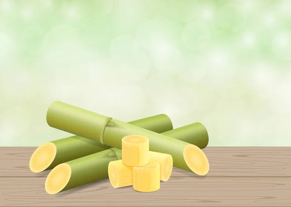 Illustratie Suikerriet Cane Houten Tafel Groene Zachte Bokeh Natuur Achtergrond — Stockvector