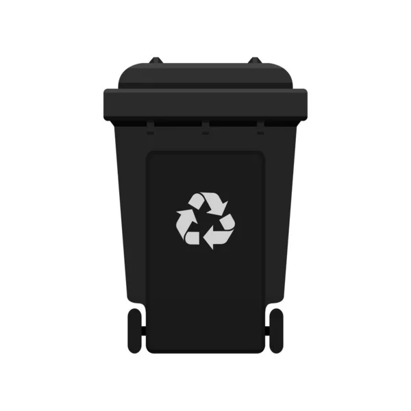 Çöp kutusu, beyaz arka plan üzerinde izole atık için plastik siyah tekerlekli bin geri dönüşüm, geri dönüşüm atık sembolü ile siyah bin, çöp atıkları için geri dönüşüm tekerlekli bin siyah renk ön görünümü