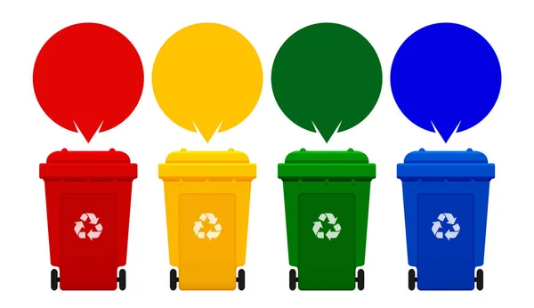 Négy Színes Recycle Rekeszek Elszigetelt Fehér Háttér Bin Beszéd Buborékok — Stock Vector