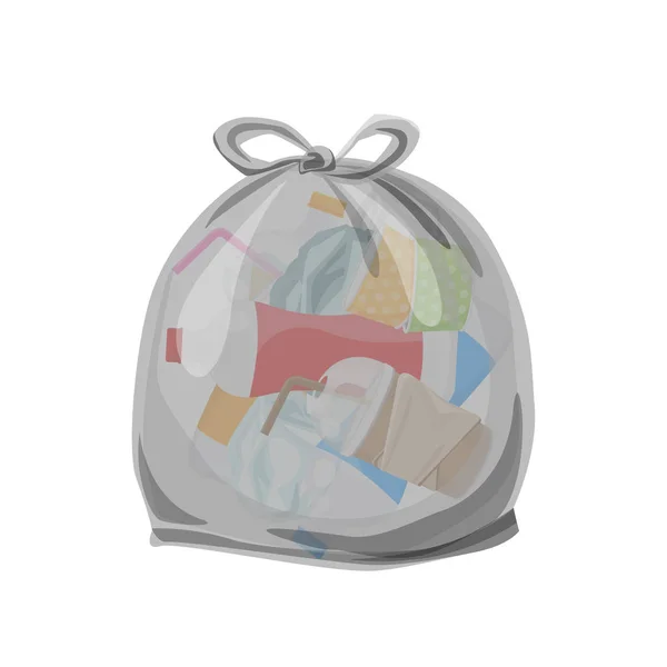 廃棄物分離のための透明なビニール袋に詰められたプラスチック廃棄物分離された白い正方形の背景、廃棄物のためのイラストプラスチックビン袋、グラフィックのためのクリップアートビニール袋透明なフラット — ストックベクタ