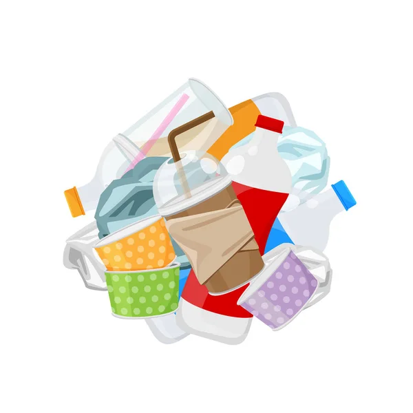 Mucchio di discarica di plastica isolato su sfondo bianco, rifiuti di plastica della spazzatura bottiglia, vetro di plastica rifiuti e rifiuti tazza di carta, illustrazione per l'inquinamento della spazzatura — Vettoriale Stock