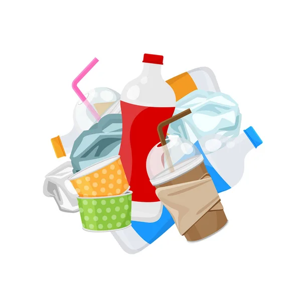 Stos odpadów z tworzyw sztucznych wysypisko na białym tle, plastikowe butelki odpadów śmieci, plastikowe odpady szklane i papier kubek śmieci, ilustracja dla śmieci — Wektor stockowy