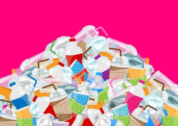 Illust of pila de residuos de basura de plástico y papel en forma de montaña aislado fondo rosa, botellas de residuos de basura de plástico muchos, pila de plástico botella de papel taza de basura volcado, basura de contaminación — Vector de stock