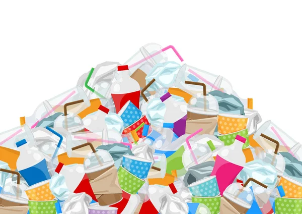 Illustration des Haufens Müll Abfall Kunststoff und Papier in Gebirgsform isoliert weißen Hintergrund, Flaschen Plastikmüll viele, Stapel von Plastikflaschen Papierbecher Mülldeponie, Umweltverschmutzung Müll — Stockvektor