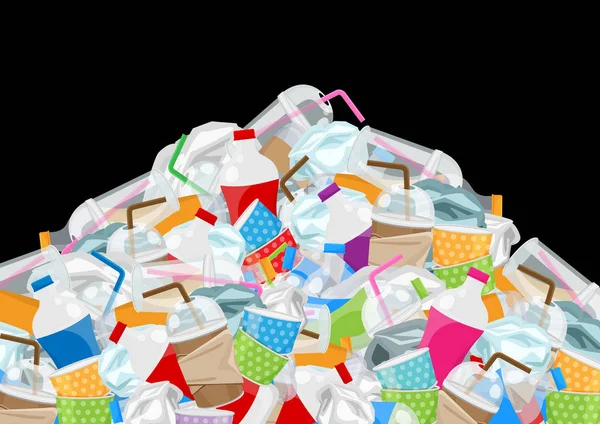 Vlasová popelnice plastická a papír v horském tvaru izolovaná na černém pozadí, láhve plastového odpadu z plastu mnoho, hromádka plastikového papírového skládkového odpadu, odpadní znečištění — Stockový vektor