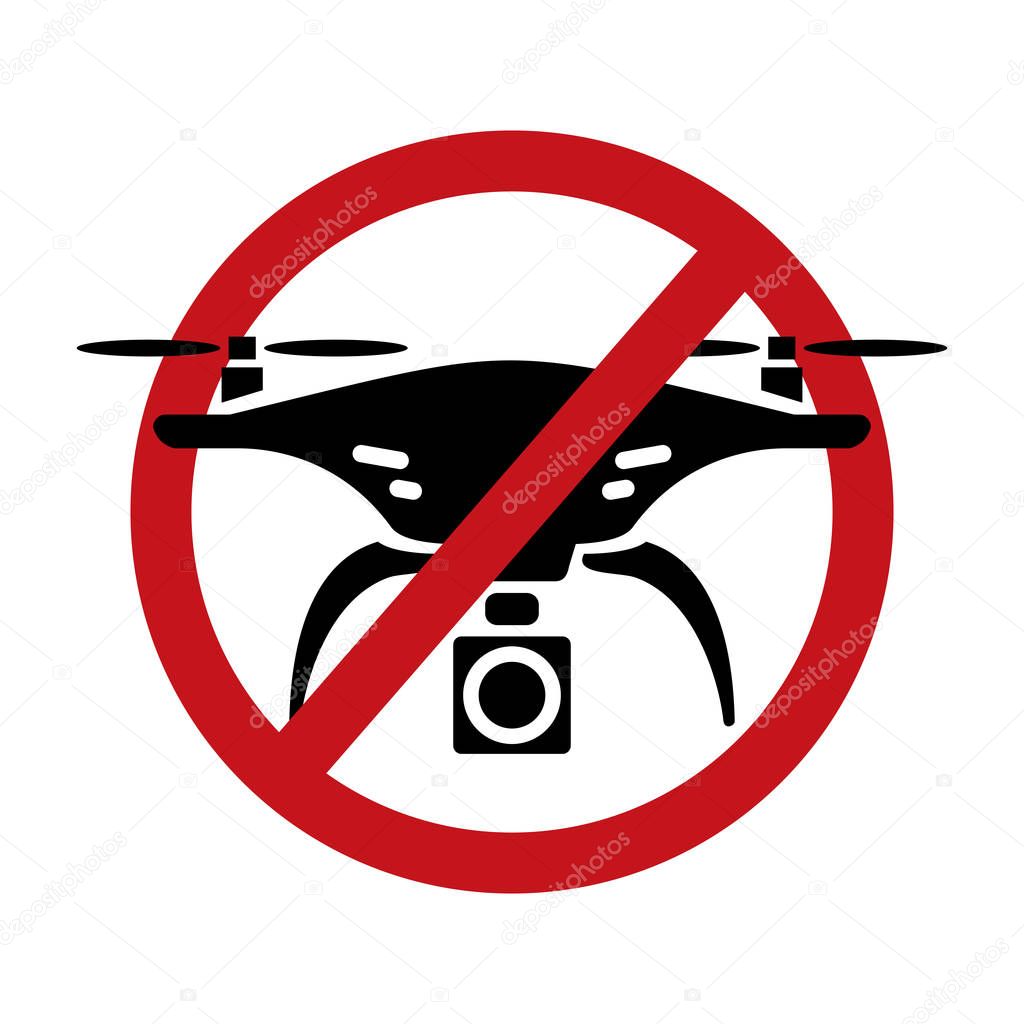 No drone zone Warning sign icon isolated on white background, Flights with drone prohibited, No drones icon in Prohibition red sign label on white background