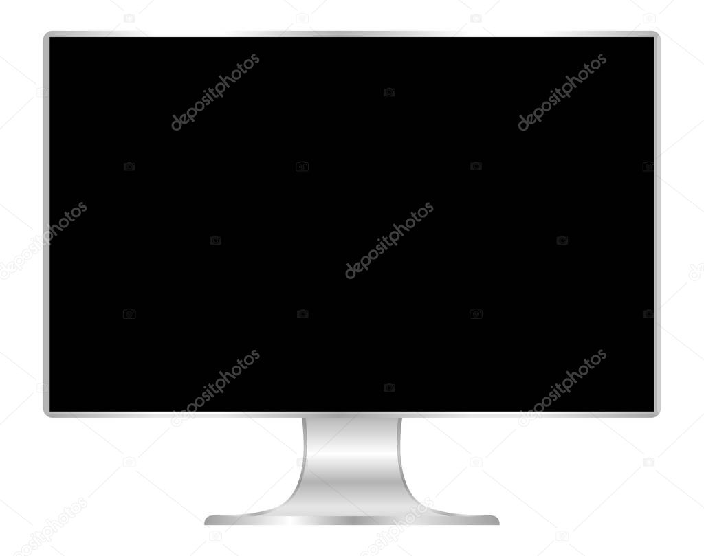 front of flat monitor black screen computer, pc display digital wide screen and slim, icon of monitor modern lcd, symbol 3d modern screen, mock up full screen desktop empty isolated white background