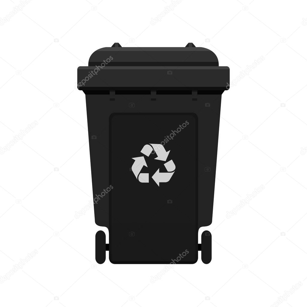 Bin, Recycle plastic black wheelie bin for waste isolated on white background, Black bin with recycle waste symbol, Front view of recycle wheelie bin black color for garbage waste