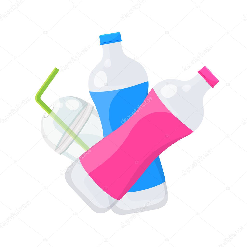 plastic waste dump isolated on white background, plastic bottle garbage waste and straws in plastic cup garbage, illustration garbage waste for pollution