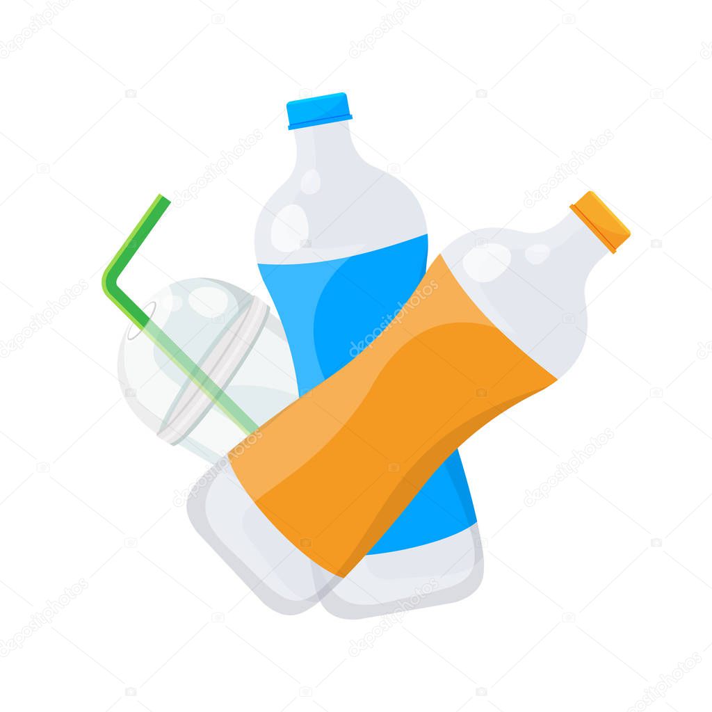 bottle plastic waste dump isolated on white background, plastic bottle garbage waste and straws in plastic cup garbage, illustration garbage waste for pollution