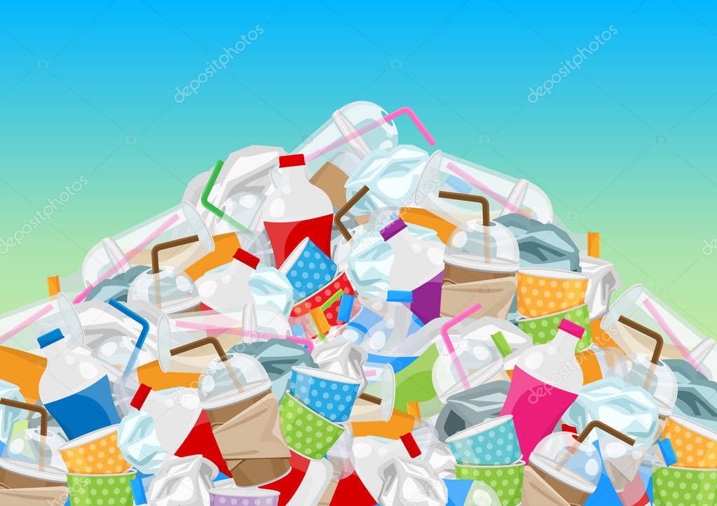 pile garbage waste plastic and paper in mountain shape isolated on blue background, bottles plastic garbage waste many, stack of plastic bottle paper cup waste dump, pollution garbage