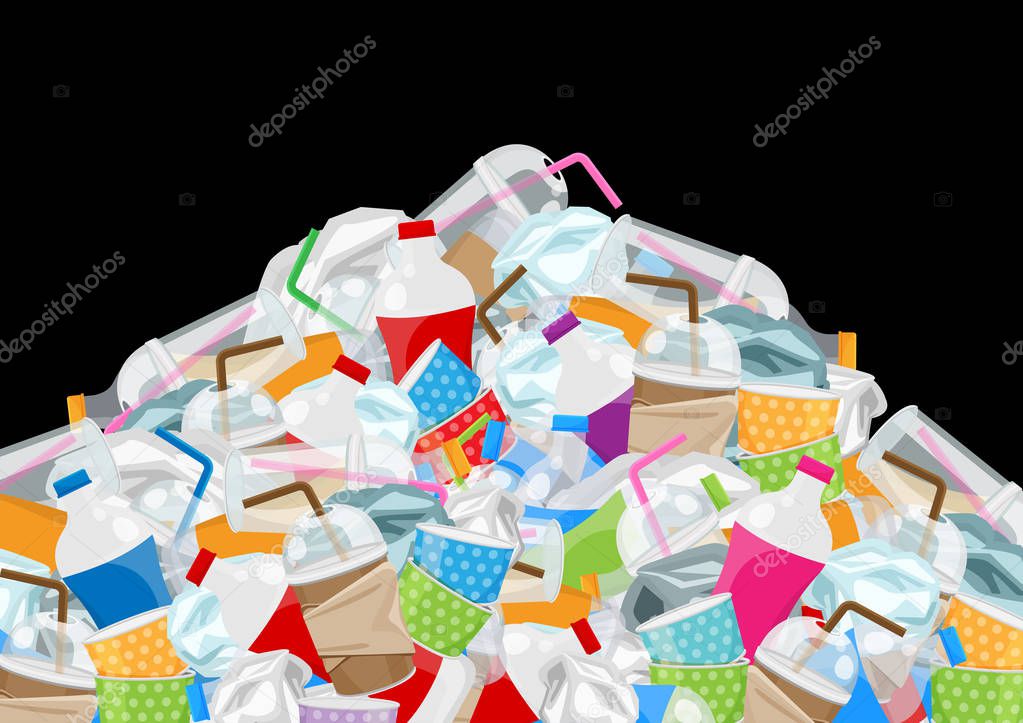 pile garbage waste plastic and paper in mountain shape isolated on black background, bottles plastic garbage waste many, stack of plastic bottle paper cup waste dump, pollution garbage