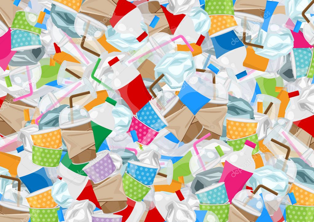 illustration of many garbage waste plastic in top view for background, pile of bottles plastic and paper garbage waste many, stack of plastic bottle paper cup waste dump, pollution garbage image