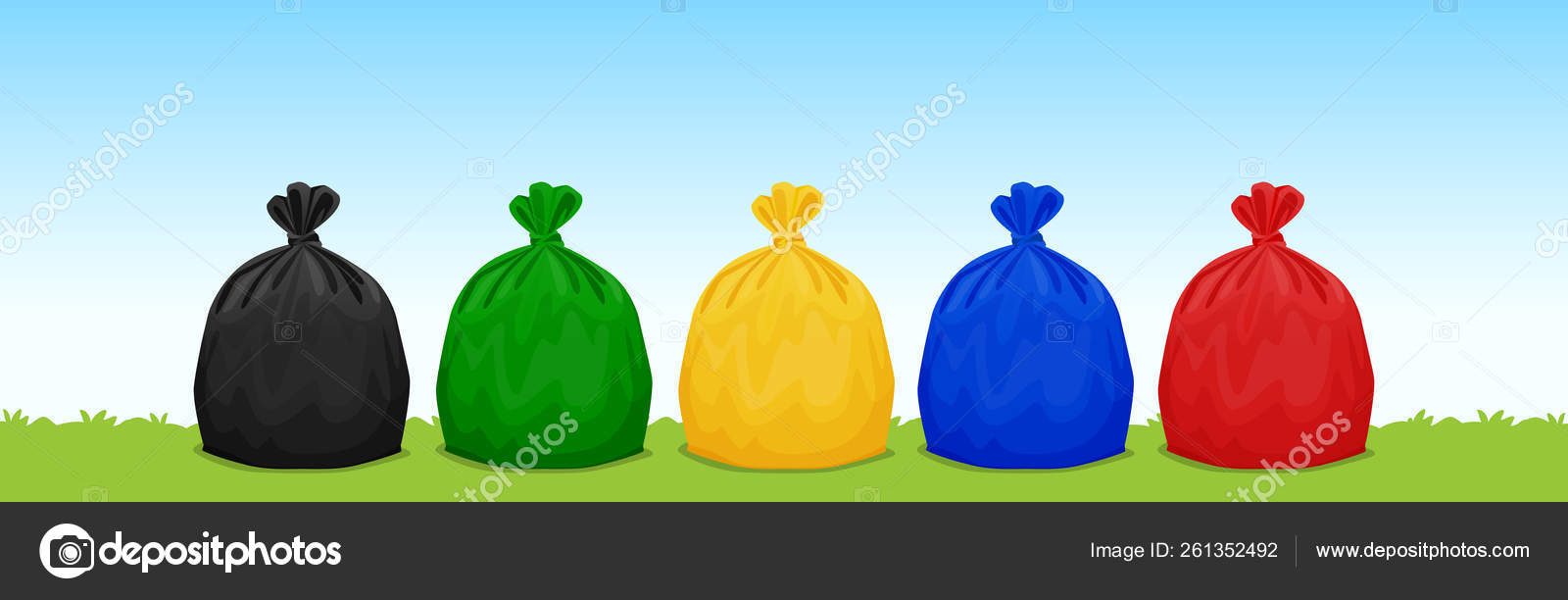 Plastic Waste Bags Black Green Yellow Blue Red Grass Sky Stock