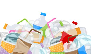 kazık çöp atık plastik ve kağıt çok beyaz arka plan üzerinde izole illüstrasyon, şişe plastik çöp atık çok, plastik şişe kağıt bardak çöp yığını, kirlilik çöp