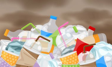 kirlilik gökyüzü arka plan çöp atık plastik çok, şişe plastik çöp atık çok kazık, plastik şişe kağıt bardak atık dökümü, çöp çevre sorunu ve atmosfer hava kirli