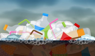 illüstrasyon plastik atık su çürümüş kirli yüzey, kavram çevre kirliliği nehir, çöp atık plastik sualtı okyanusu, nehir ortamında tehlikeli plastik atık üzerinde float