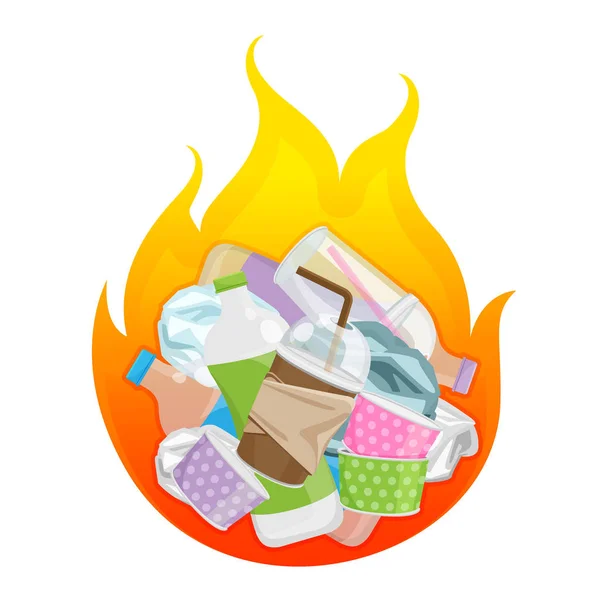 Ілюстрація спаленого сміття, символ спалювання відходів пластику, забруднення з пластику в багатті, полум'я спалювання пластикових відходів, значок логотипу спалювання відходів — стоковий вектор