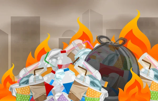 kentsel atık plastik yakma illüstrasyon kirliliği, yanmış yakma ile çöp atık bertaraf, yangın alev çöp yakma ve duman hava kirli, yangın duman çöp atık plastik yakmak