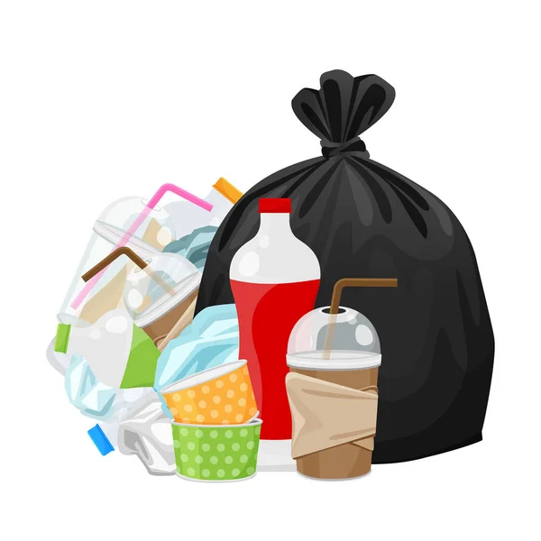 Stos zrzutu odpadów i worek plastikowy czarny na białym tle, plastikowe butelki odpadów śmieci, plastikowe odpady szklane i papier kubek śmieci, ilustracja na śmieci — Wektor stockowy