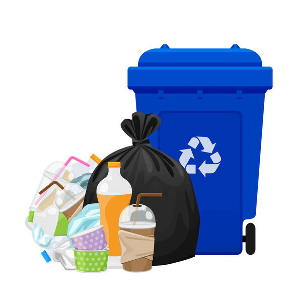 иллюстрация отходов мусора и мешок пластика и синий мусорный бак изолированы на белом, куча пластиковых отходов мусора много, пластиковые отходы свалки и бен синий, пластиковые отходы и мусор разделения переработки
