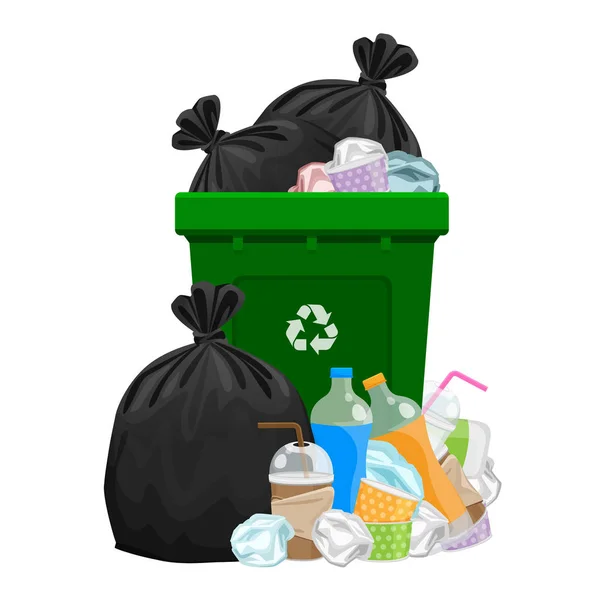 Illustrazione rifiuti di immondizia e sacchetto di plastica e verde cestino isolato su bianco, mucchio di rifiuti di plastica rifiuti molti, rifiuti di plastica discarica e cestino verde, rifiuti di plastica e cestino di separazione riciclare — Vettoriale Stock