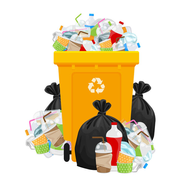 иллюстрация отходов мусора и мешок пластиковые и желтые мусорные корзины изолированы на белом, куча пластиковых отходов мусора много, пластиковые отходы свалки и корзины желтый, пластиковые отходы и мусорные сепарации переработки
