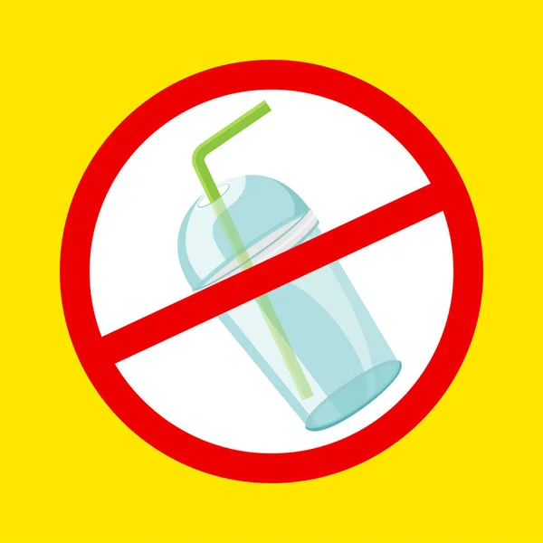 Uyarı işareti plastik bardak ve pipetler atık izole sarı arka plan durdurmak, yasak kırmızı logo işareti plastik atık yasağı, plastik bardak ve pipetler tek kullanımlık durdurmak sembolü, kirlilik plastik çöp — Stok Vektör