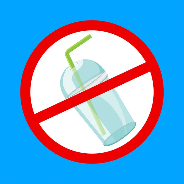 Warning sign stop plastic cup and straws waste isolated blue background, ban plastic waste in forbidden red logo sign, symbol of stop plastic cup and straws disposable, stop plastic garbage pollution — Stock Vector