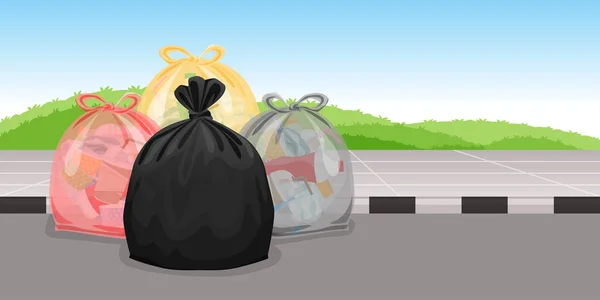 大量的垃圾袋塑料垃圾在走道地板上 许多垃圾袋塑料 大量的垃圾袋塑料 堆垃圾 污染废物 — 图库矢量图片