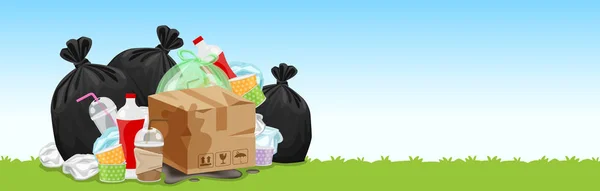 Πολλές Σακούλες Σκουπιδιών Πλαστικά Απόβλητα Στο Πάτωμα Γρασίδι Πολλά Πλαστικά — Διανυσματικό Αρχείο